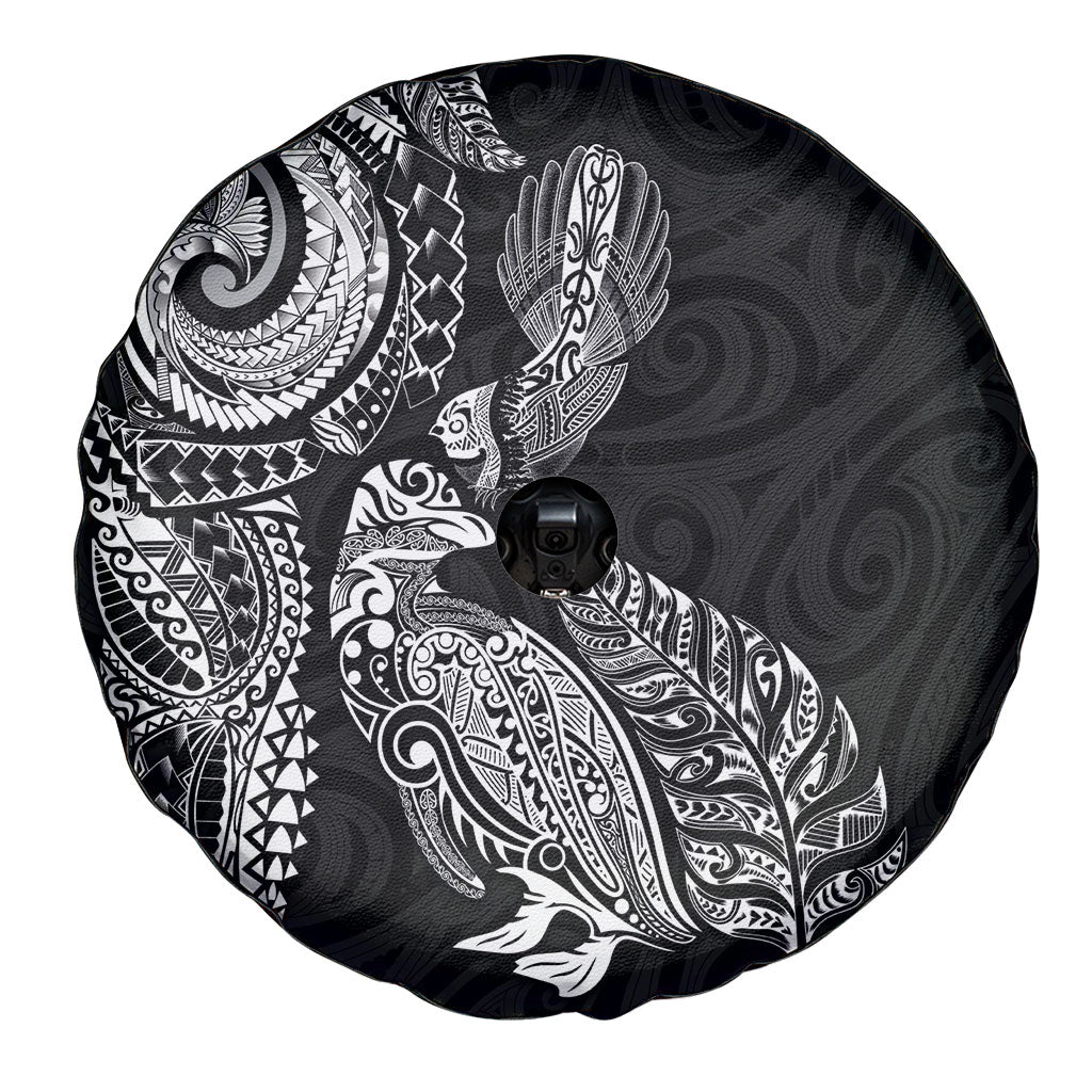 Aotearoa Moko Tribal Tattoo Spare Tire Cover New Zealand Maori Penguin and Fantail Black Color