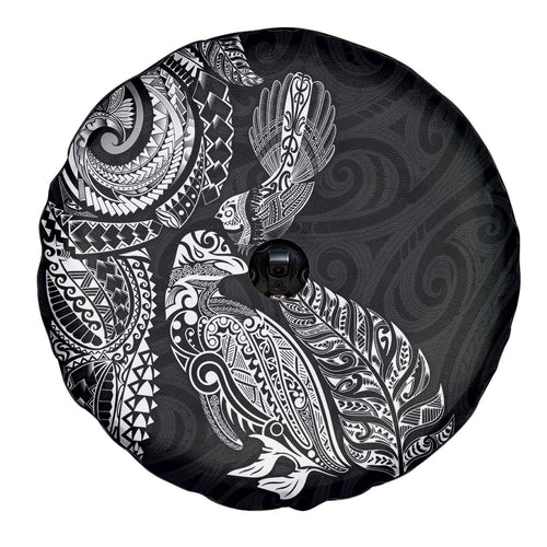 Aotearoa Moko Tribal Tattoo Spare Tire Cover New Zealand Maori Penguin and Fantail Black Color