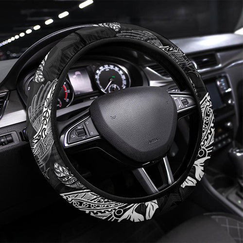 Aotearoa Moko Tribal Tattoo Steering Wheel Cover New Zealand Maori Penguin and Fantail Black Color