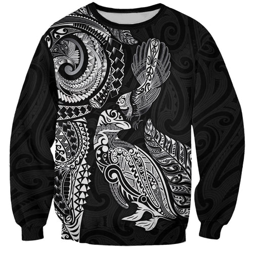 Aotearoa Moko Tribal Tattoo Sweatshirt New Zealand Maori Penguin and Fantail Black Color