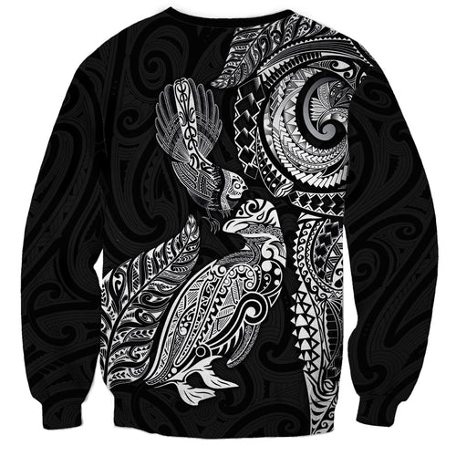 Aotearoa Moko Tribal Tattoo Sweatshirt New Zealand Maori Penguin and Fantail Black Color