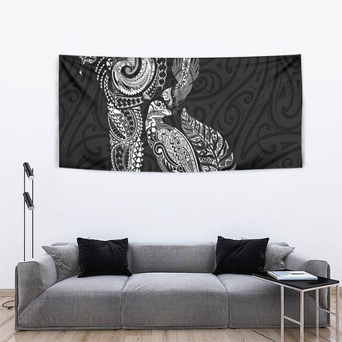 Aotearoa Moko Tribal Tattoo Tapestry New Zealand Maori Penguin and Fantail Black Color