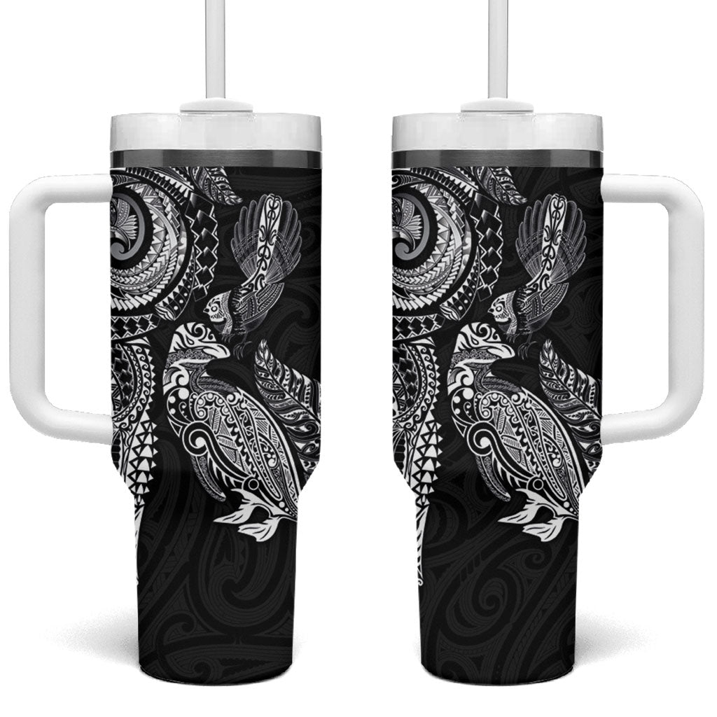Aotearoa Moko Tribal Tattoo Tumbler With Handle New Zealand Maori Penguin and Fantail Black Color