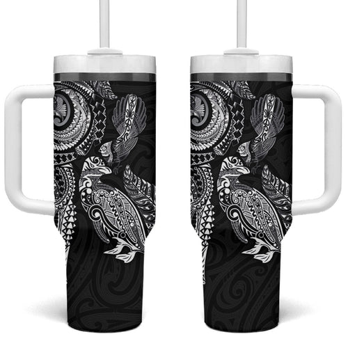 Aotearoa Moko Tribal Tattoo Tumbler With Handle New Zealand Maori Penguin and Fantail Black Color