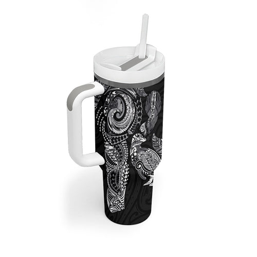 Aotearoa Moko Tribal Tattoo Tumbler With Handle New Zealand Maori Penguin and Fantail Black Color