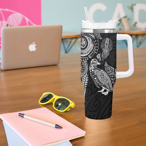 Aotearoa Moko Tribal Tattoo Tumbler With Handle New Zealand Maori Penguin and Fantail Black Color