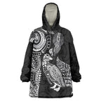 Aotearoa Moko Tribal Tattoo Wearable Blanket Hoodie New Zealand Maori Penguin and Fantail Black Color