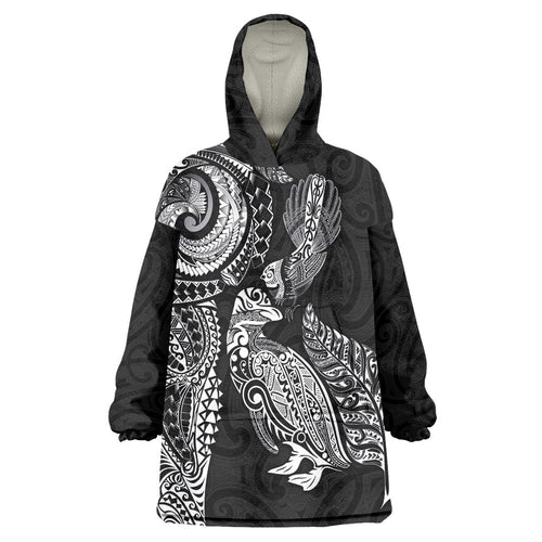 Aotearoa Moko Tribal Tattoo Wearable Blanket Hoodie New Zealand Maori Penguin and Fantail Black Color