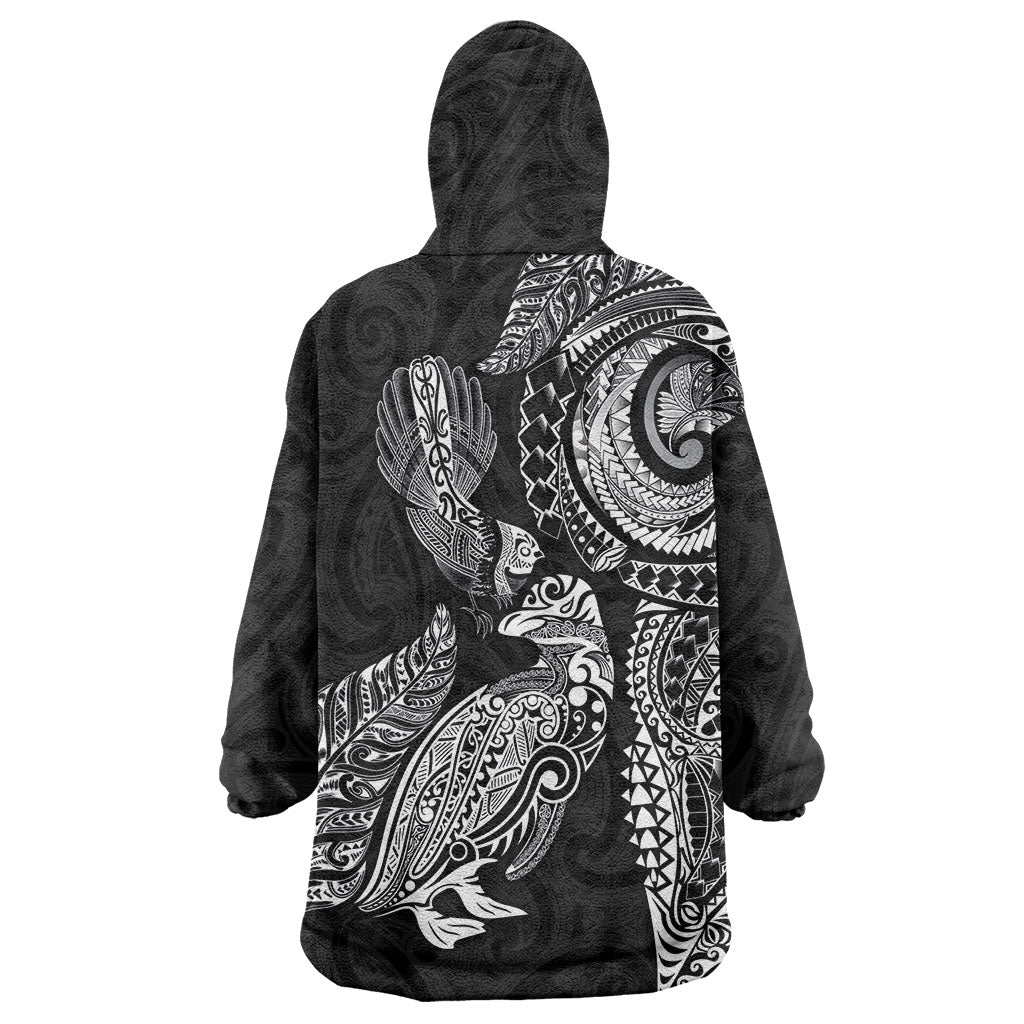 Aotearoa Moko Tribal Tattoo Wearable Blanket Hoodie New Zealand Maori Penguin and Fantail Black Color