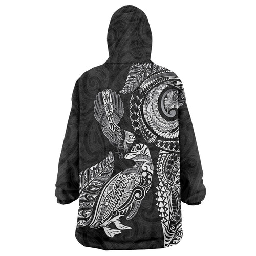 Aotearoa Moko Tribal Tattoo Wearable Blanket Hoodie New Zealand Maori Penguin and Fantail Black Color