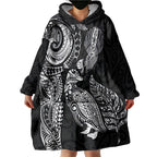 Aotearoa Moko Tribal Tattoo Wearable Blanket Hoodie New Zealand Maori Penguin and Fantail Black Color