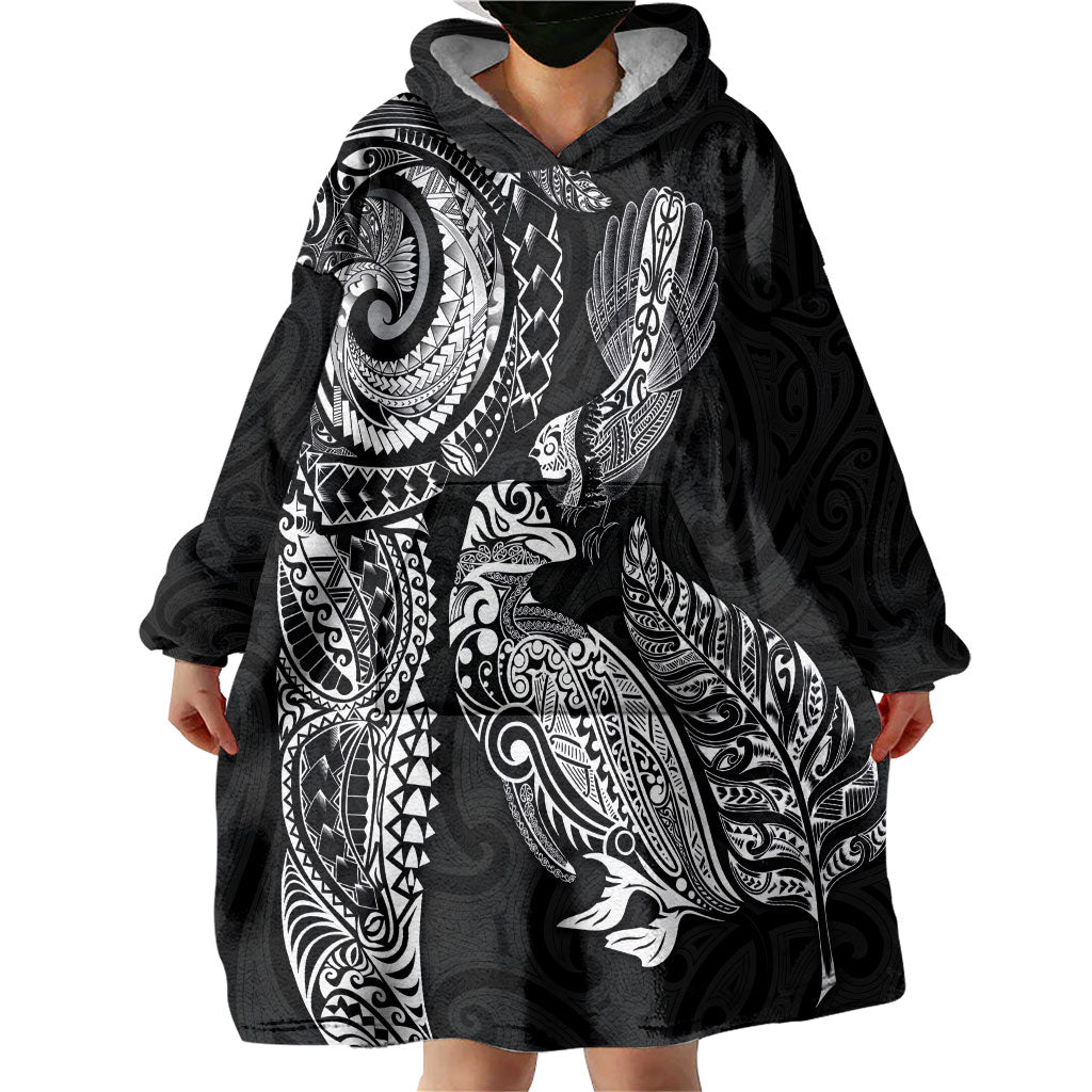 Aotearoa Moko Tribal Tattoo Wearable Blanket Hoodie New Zealand Maori Penguin and Fantail Black Color