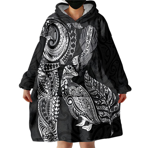 Aotearoa Moko Tribal Tattoo Wearable Blanket Hoodie New Zealand Maori Penguin and Fantail Black Color