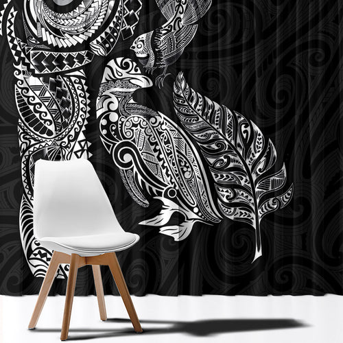 Aotearoa Moko Tribal Tattoo Window Curtain New Zealand Maori Penguin and Fantail Black Color
