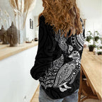 Aotearoa Moko Tribal Tattoo Women Casual Shirt New Zealand Maori Penguin and Fantail Black Color