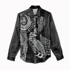 Aotearoa Moko Tribal Tattoo Women Casual Shirt New Zealand Maori Penguin and Fantail Black Color