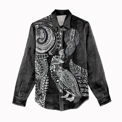 Aotearoa Moko Tribal Tattoo Women Casual Shirt New Zealand Maori Penguin and Fantail Black Color