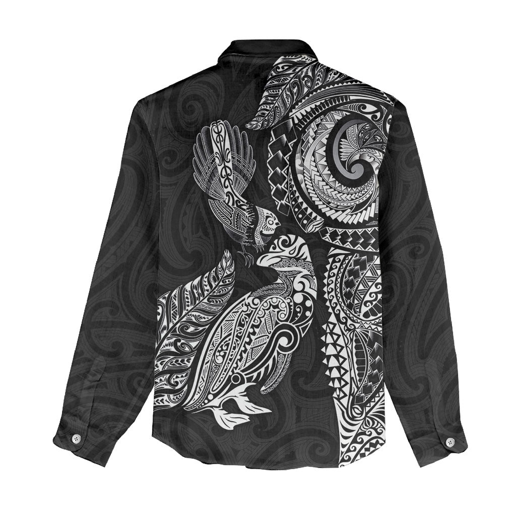 Aotearoa Moko Tribal Tattoo Women Casual Shirt New Zealand Maori Penguin and Fantail Black Color