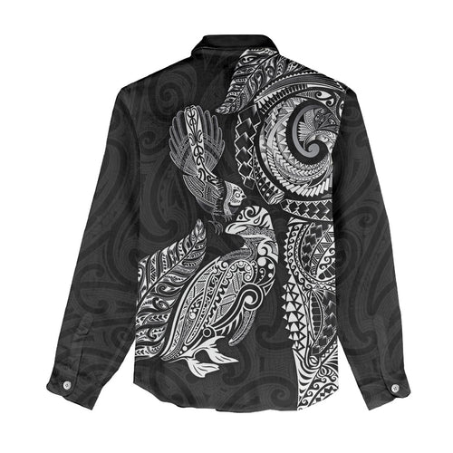 Aotearoa Moko Tribal Tattoo Women Casual Shirt New Zealand Maori Penguin and Fantail Black Color