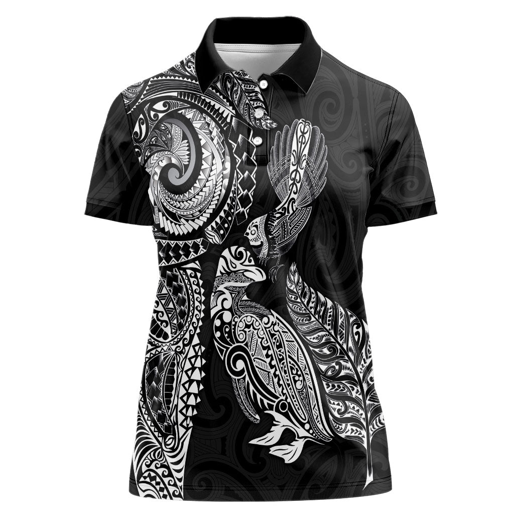 Aotearoa Moko Tribal Tattoo Women Polo Shirt New Zealand Maori Penguin and Fantail Black Color