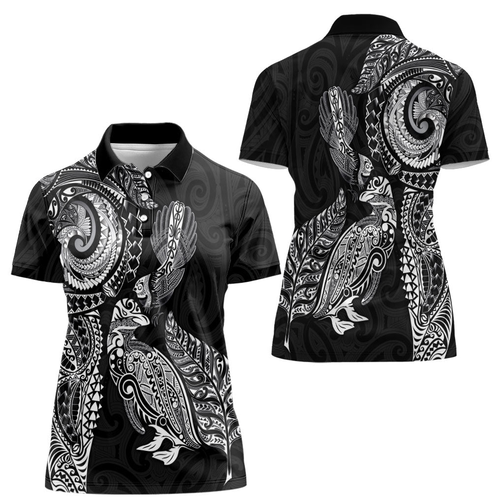 Aotearoa Moko Tribal Tattoo Women Polo Shirt New Zealand Maori Penguin and Fantail Black Color