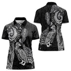 Aotearoa Moko Tribal Tattoo Women Polo Shirt New Zealand Maori Penguin and Fantail Black Color