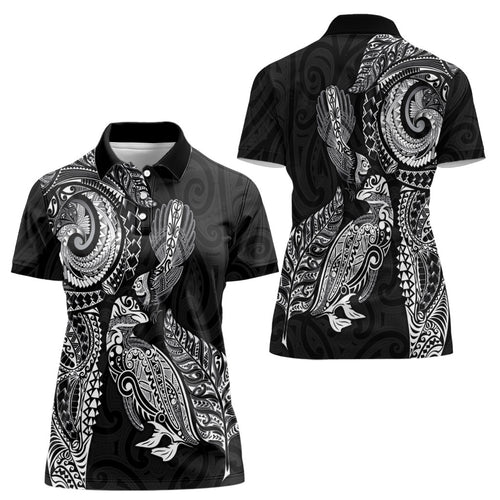 Aotearoa Moko Tribal Tattoo Women Polo Shirt New Zealand Maori Penguin and Fantail Black Color