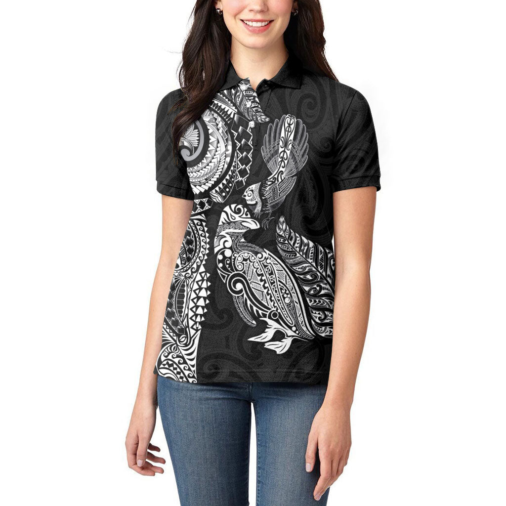 Aotearoa Moko Tribal Tattoo Women Polo Shirt New Zealand Maori Penguin and Fantail Black Color