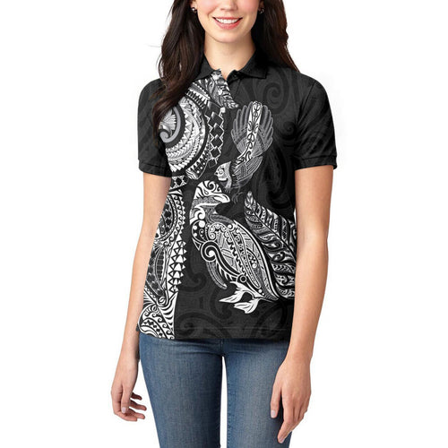 Aotearoa Moko Tribal Tattoo Women Polo Shirt New Zealand Maori Penguin and Fantail Black Color