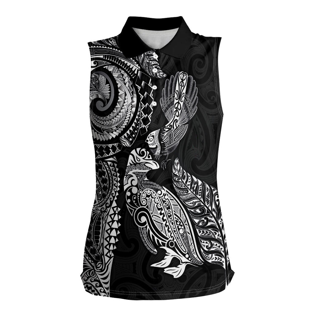 Aotearoa Moko Tribal Tattoo Women Sleeveless Polo Shirt New Zealand Maori Penguin and Fantail Black Color