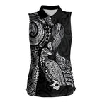 Aotearoa Moko Tribal Tattoo Women Sleeveless Polo Shirt New Zealand Maori Penguin and Fantail Black Color