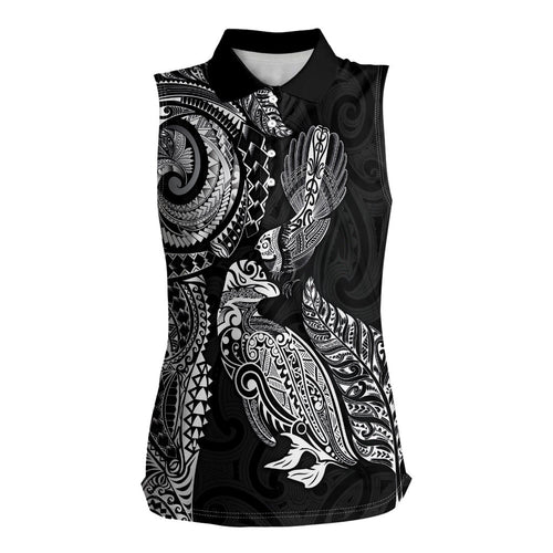 Aotearoa Moko Tribal Tattoo Women Sleeveless Polo Shirt New Zealand Maori Penguin and Fantail Black Color