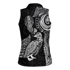 Aotearoa Moko Tribal Tattoo Women Sleeveless Polo Shirt New Zealand Maori Penguin and Fantail Black Color
