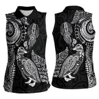 Aotearoa Moko Tribal Tattoo Women Sleeveless Polo Shirt New Zealand Maori Penguin and Fantail Black Color