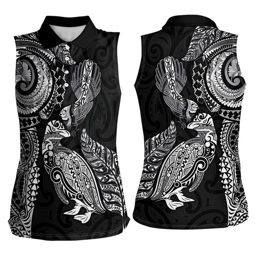 Aotearoa Moko Tribal Tattoo Women Sleeveless Polo Shirt New Zealand Maori Penguin and Fantail Black Color
