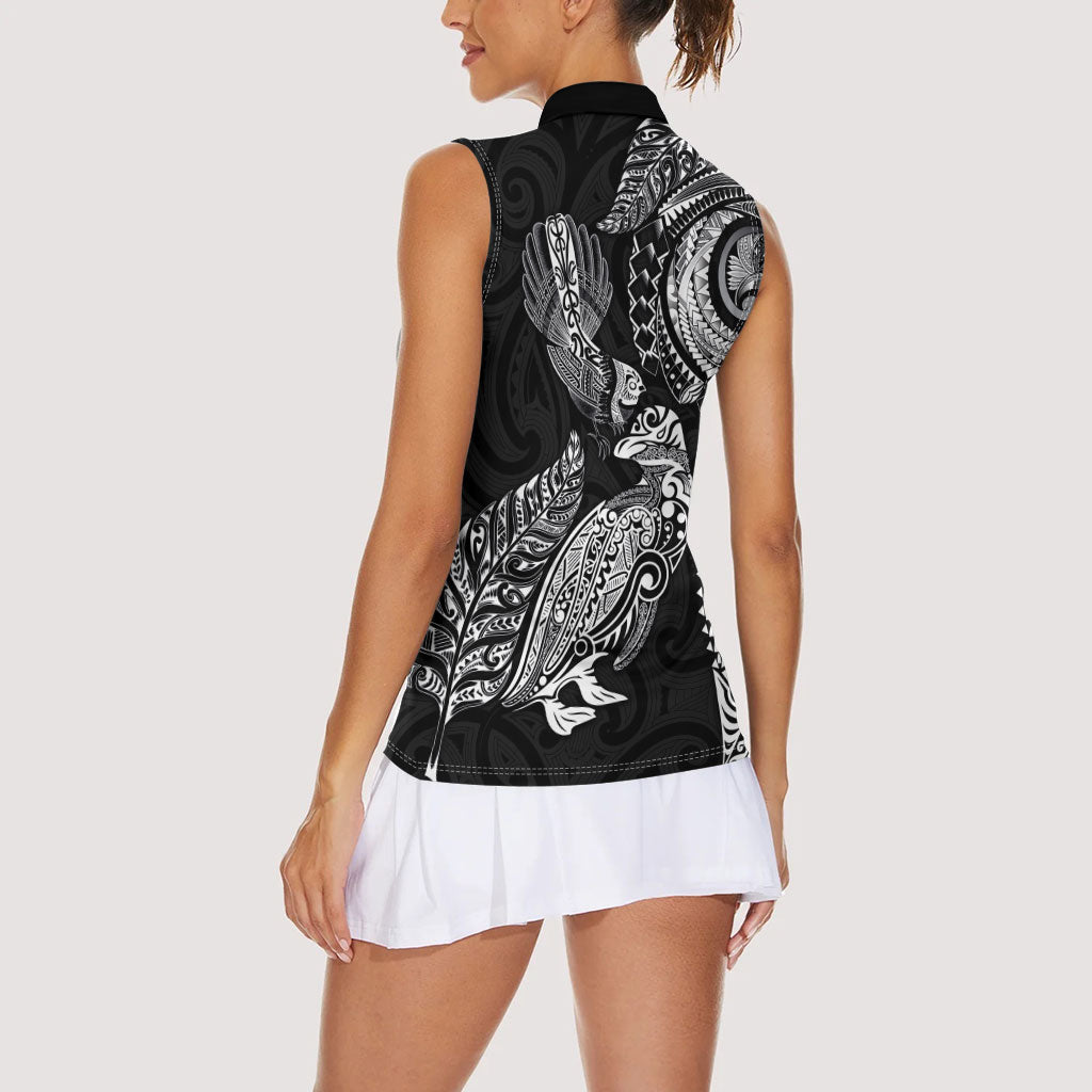 Aotearoa Moko Tribal Tattoo Women Sleeveless Polo Shirt New Zealand Maori Penguin and Fantail Black Color