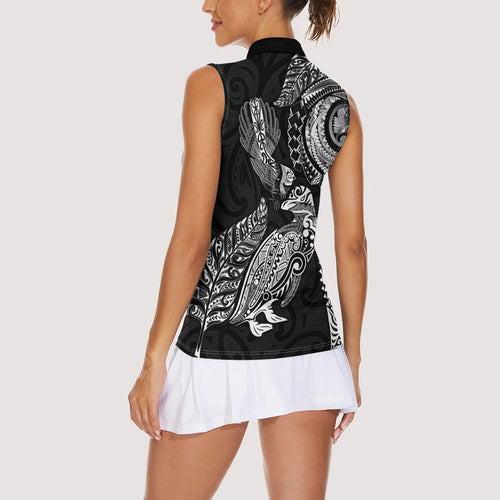Aotearoa Moko Tribal Tattoo Women Sleeveless Polo Shirt New Zealand Maori Penguin and Fantail Black Color