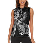 Aotearoa Moko Tribal Tattoo Women Sleeveless Polo Shirt New Zealand Maori Penguin and Fantail Black Color