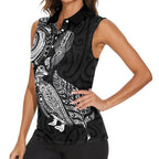 Aotearoa Moko Tribal Tattoo Women Sleeveless Polo Shirt New Zealand Maori Penguin and Fantail Black Color