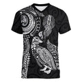 Aotearoa Moko Tribal Tattoo Women V-Neck T-Shirt New Zealand Maori Penguin and Fantail Black Color