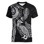 Aotearoa Moko Tribal Tattoo Women V-Neck T-Shirt New Zealand Maori Penguin and Fantail Black Color