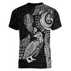 Aotearoa Moko Tribal Tattoo Women V-Neck T-Shirt New Zealand Maori Penguin and Fantail Black Color