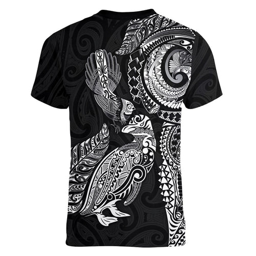 Aotearoa Moko Tribal Tattoo Women V-Neck T-Shirt New Zealand Maori Penguin and Fantail Black Color