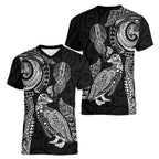 Aotearoa Moko Tribal Tattoo Women V-Neck T-Shirt New Zealand Maori Penguin and Fantail Black Color