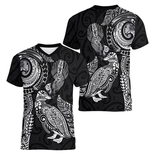 Aotearoa Moko Tribal Tattoo Women V-Neck T-Shirt New Zealand Maori Penguin and Fantail Black Color