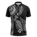 Aotearoa Moko Tribal Tattoo Zipper Polo Shirt New Zealand Maori Penguin and Fantail Black Color