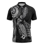 Aotearoa Moko Tribal Tattoo Zipper Polo Shirt New Zealand Maori Penguin and Fantail Black Color