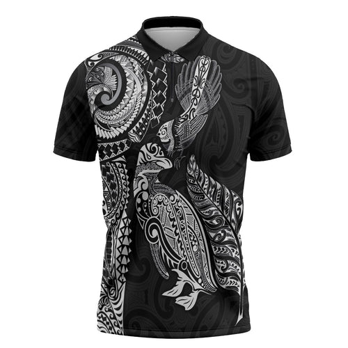 Aotearoa Moko Tribal Tattoo Zipper Polo Shirt New Zealand Maori Penguin and Fantail Black Color