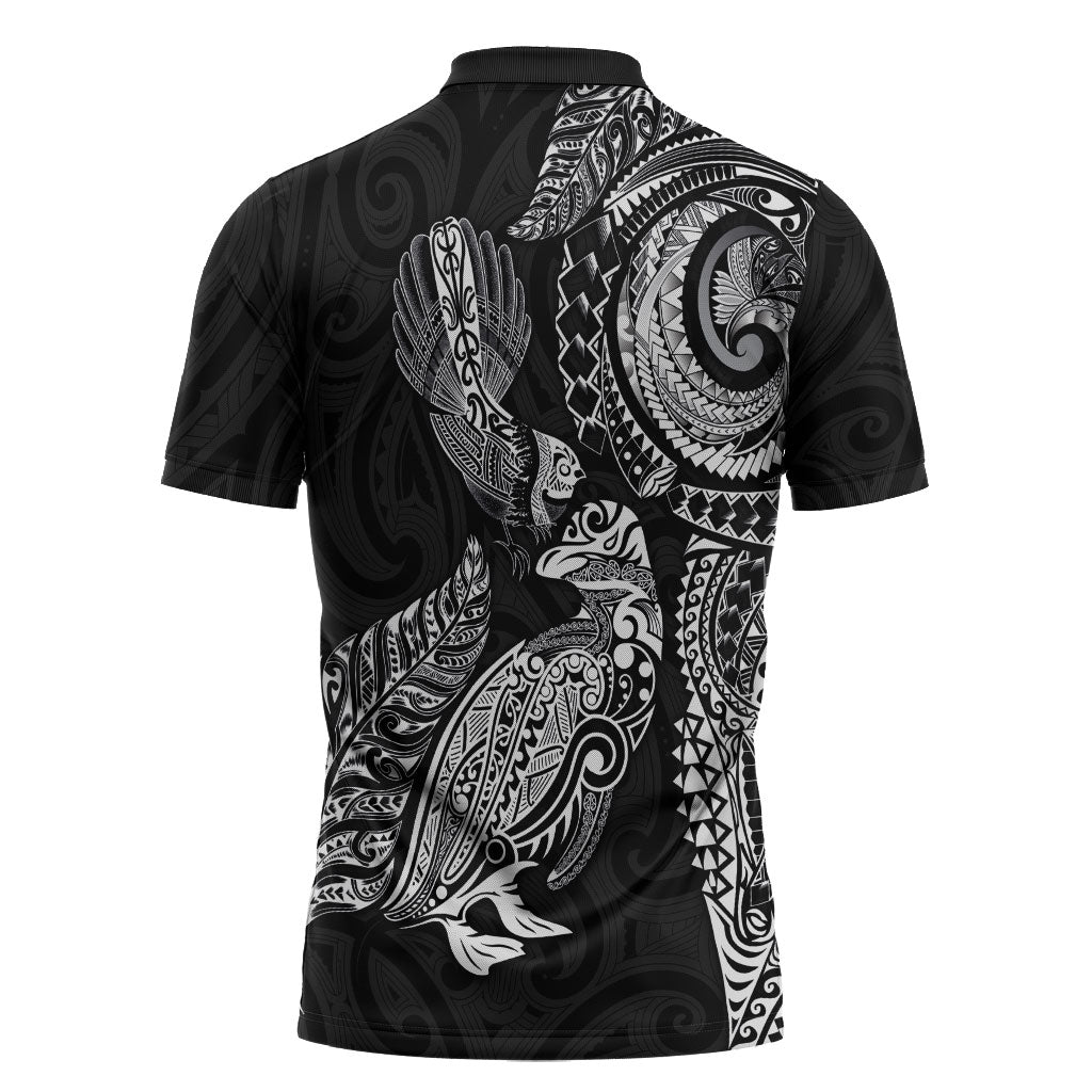 Aotearoa Moko Tribal Tattoo Zipper Polo Shirt New Zealand Maori Penguin and Fantail Black Color