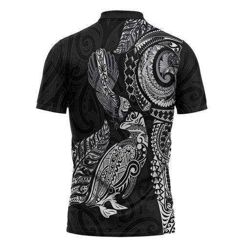 Aotearoa Moko Tribal Tattoo Zipper Polo Shirt New Zealand Maori Penguin and Fantail Black Color